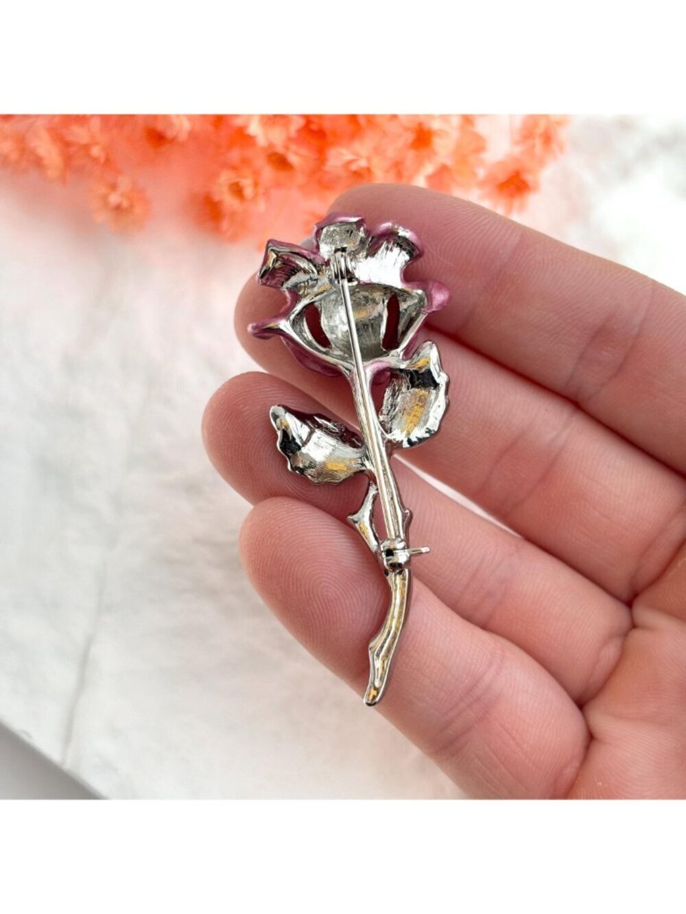 Purple & Pink Rosebud Floral Rhinestoned Silver T Vintage Costume Jewelry Brooch - Picture 4 of 11
